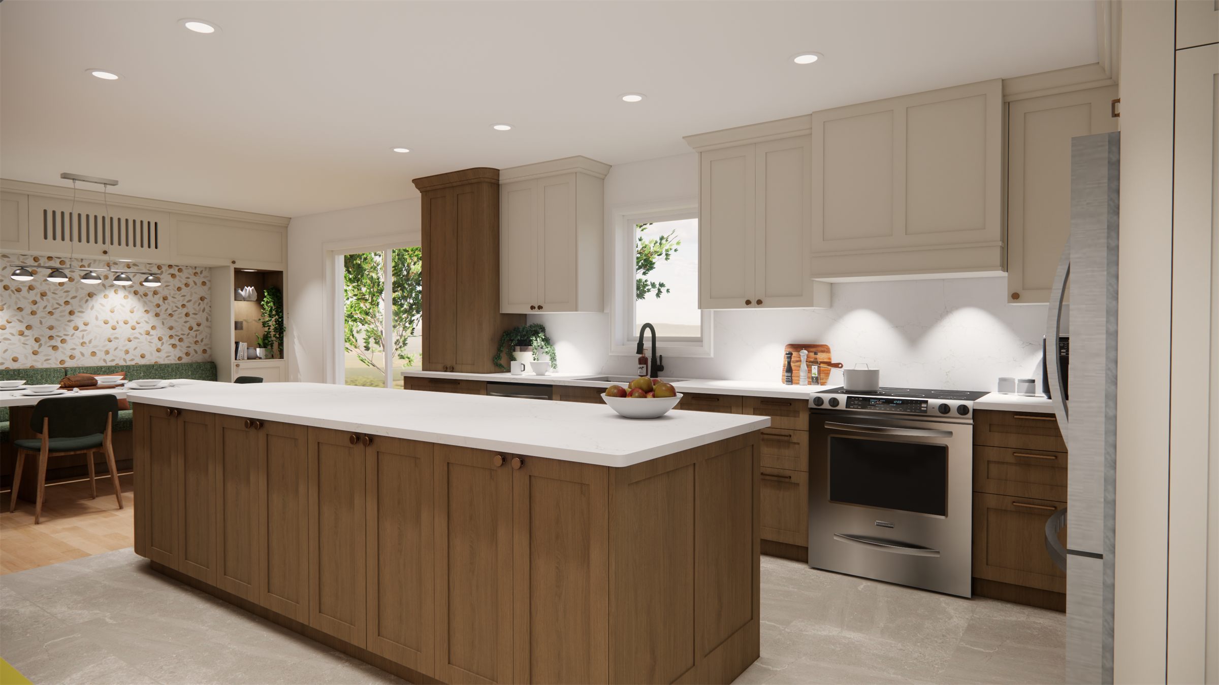 Rendu 3D d'une cuisine familiale ouverte sur la salle à manger à Québec — grand îlot en bois, armoires crème et banquette verte
